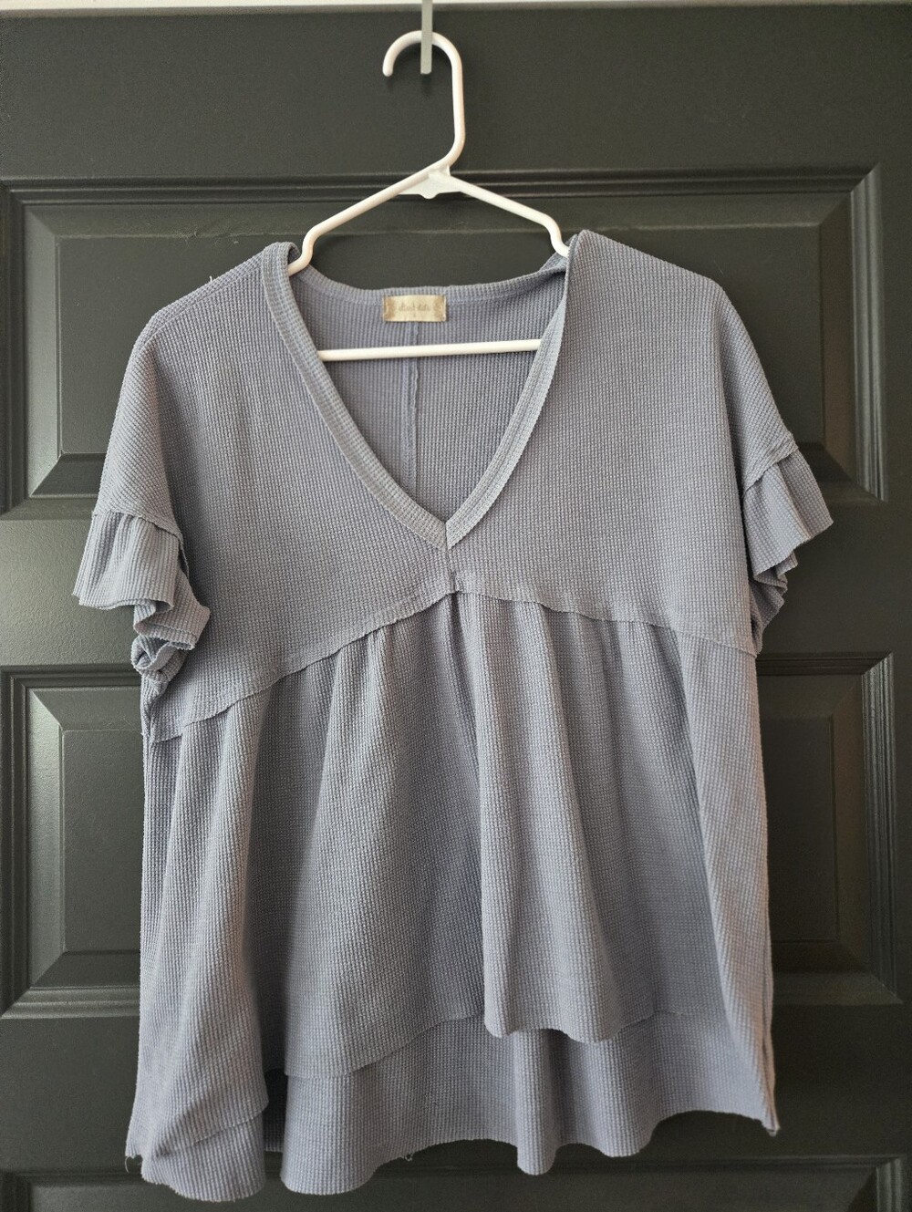 Altar'd State Slate Blue Waffle Knit Ruffle Sleeve V-Neck Tunic